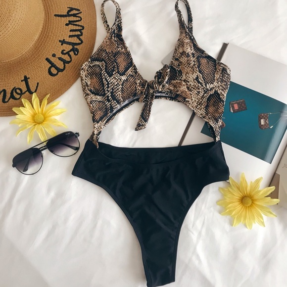 Snake print front tie one piece bikini - Picture 1 of 5